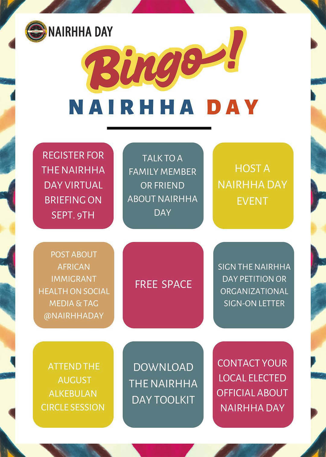 NAIRHHA Day Bingo card NAIRHHA Day Bingo card